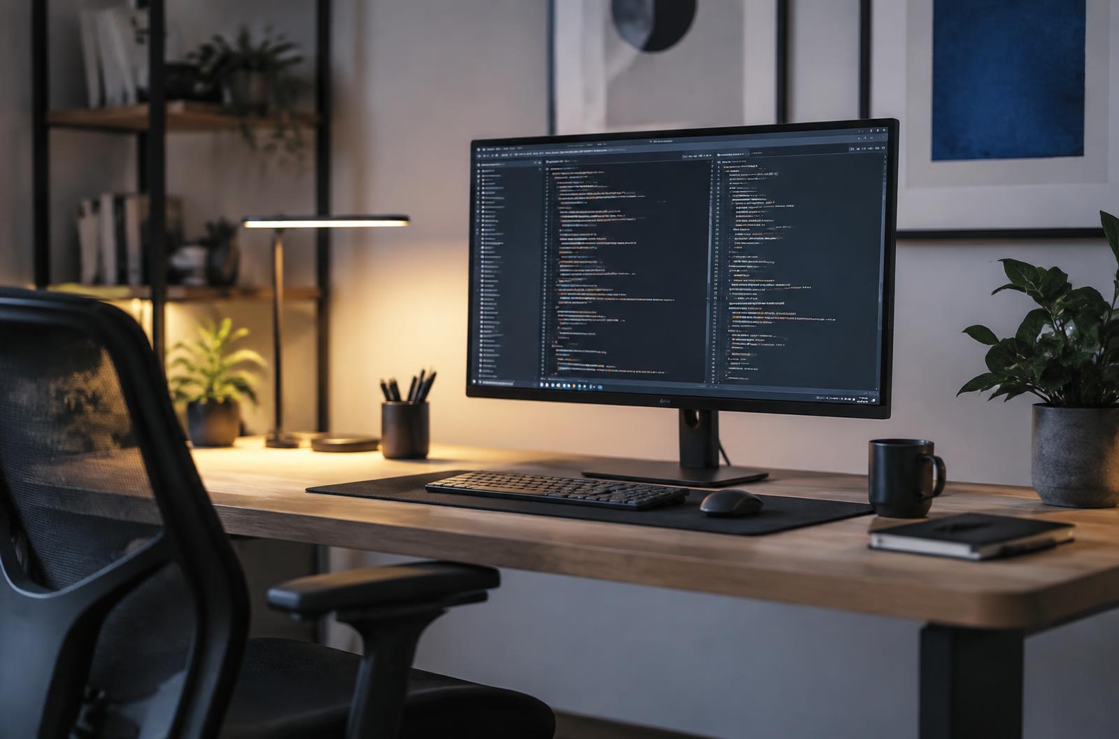 A quiet developer workspace with a widescreen monitor showing source code under warm lamp light